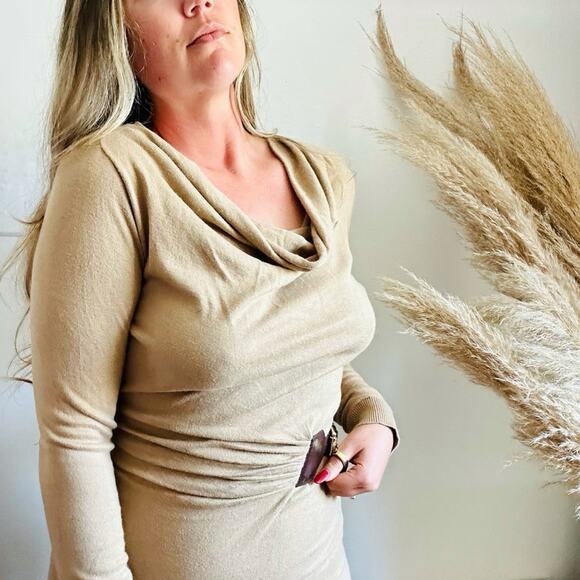 MK MICHAEL KORS Cream Tan Brown Leather Buckle Belt Cowl Neck Sweater Dress S - Picture 11 of 13